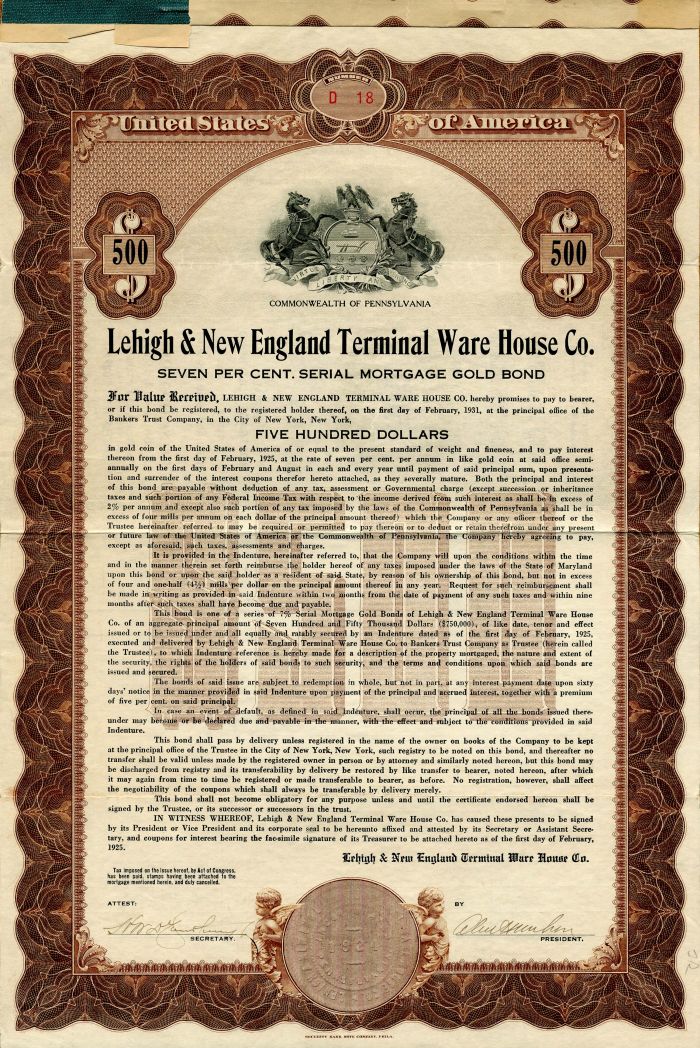 Lehigh and New England Terminal Ware House Co. - $1,000 or $500 Bond