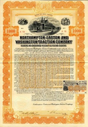 Northampton-Easton and Washington Traction Co. - $1,000 Uncanceled Gold Railway Bond