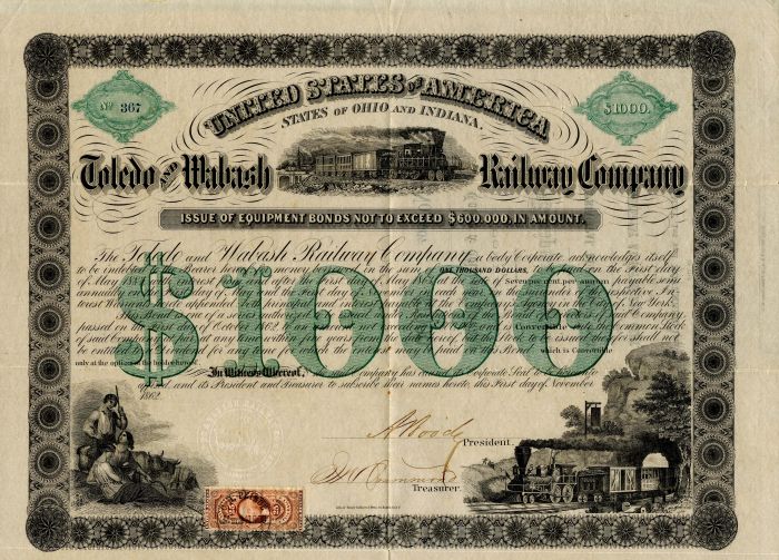 Toledo and Wabash Railway Co. - 1862 dated $1,000 Railroad Bond