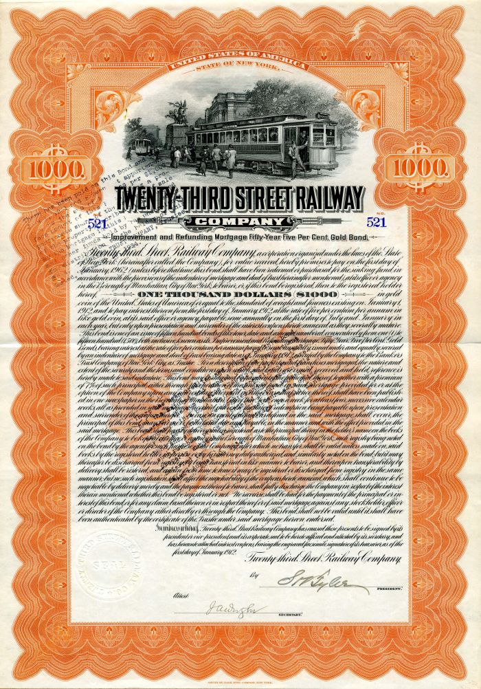 Twenty-Third Street Railway Co. - 1912 dated $1,000 Railroad Gold Bond