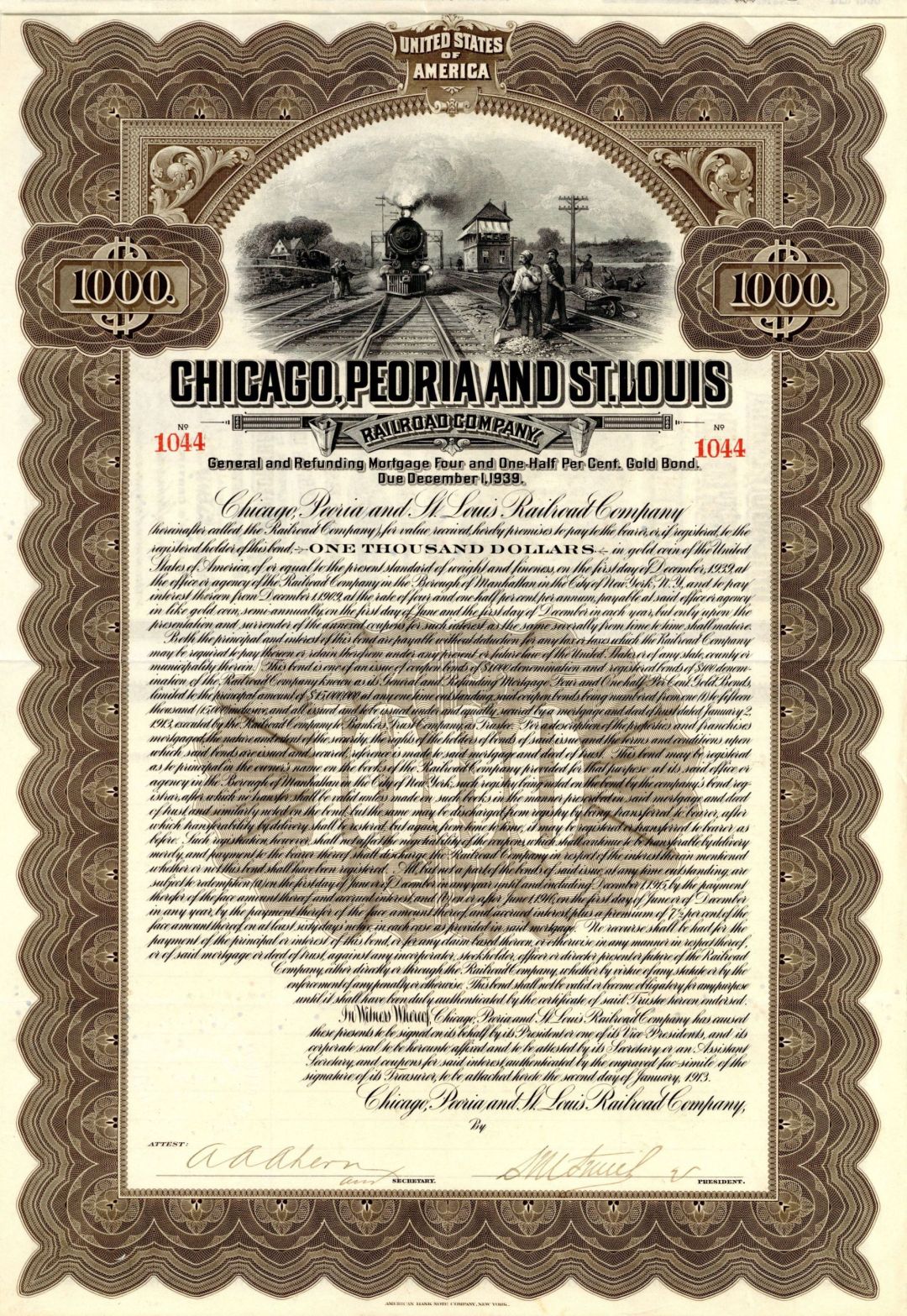 Chicago, Peoria and St. Louis Railroad Co. - $1,000 Bond dated 1913