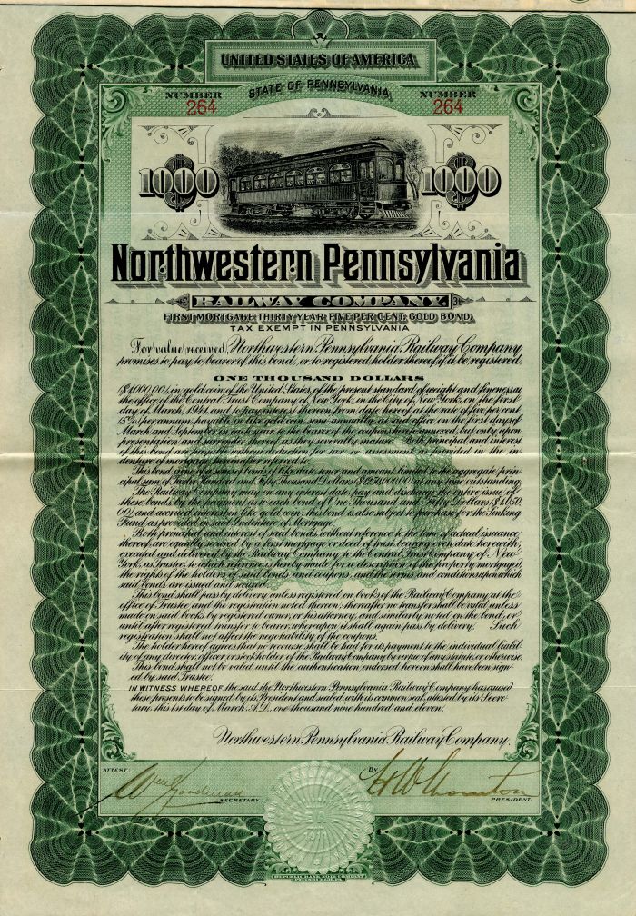 Northwestern Pennsylvania Railway Co. - 1911 dated $1,000 Railroad Gold Bond