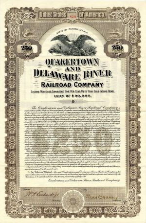 Quakertown and Delaware River Railroad Co. - $250 or $100 Bond