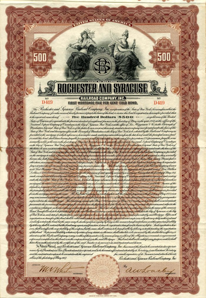 Rochester and Syracuse Railroad Co., Inc. - $500 Bond