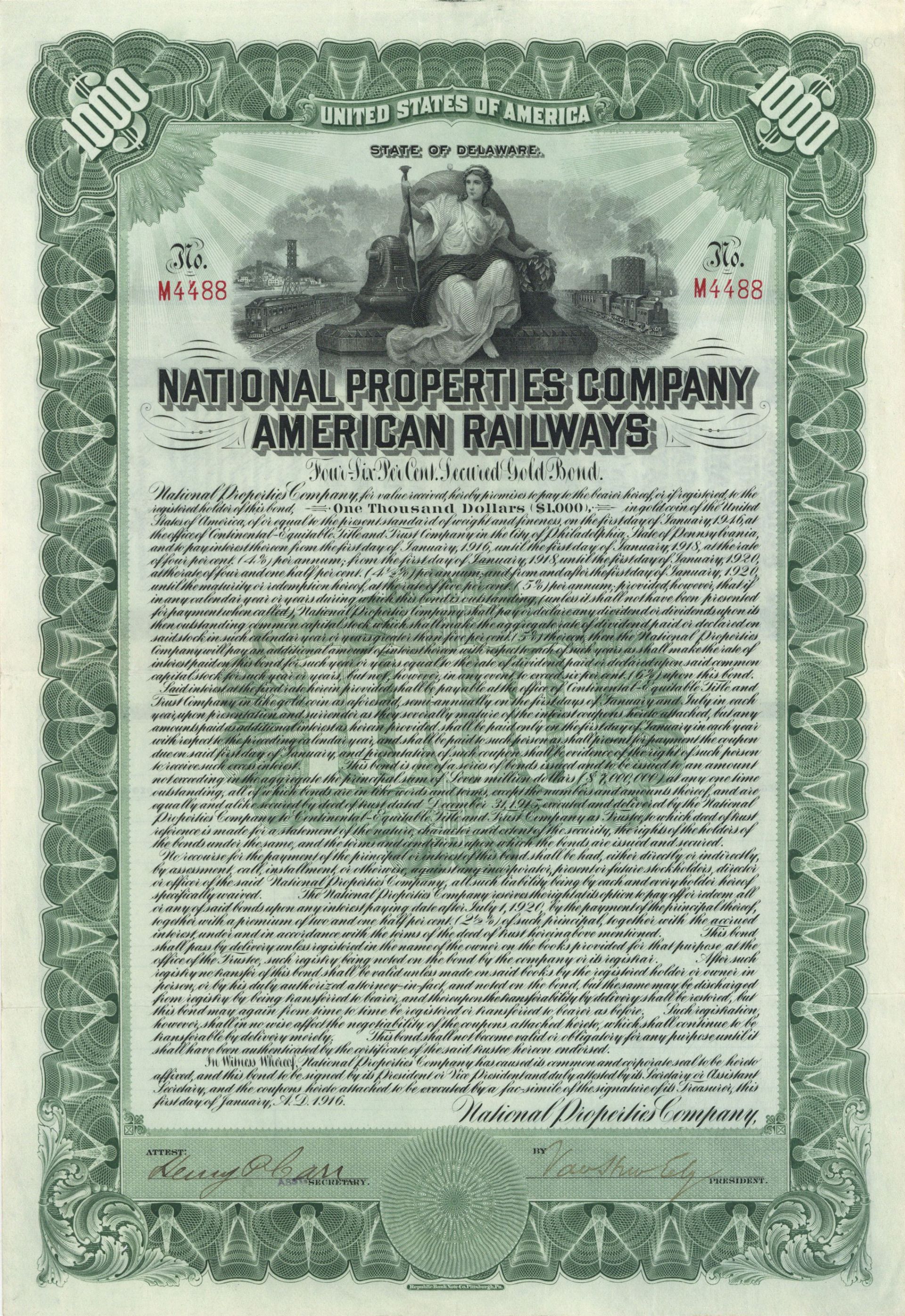 National Properties Company American Railways - $1,000 Bond