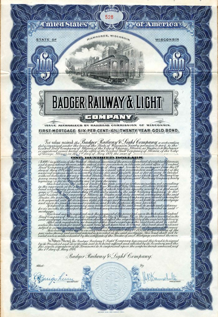 Badger Railway and Light Co. - $100 Bond