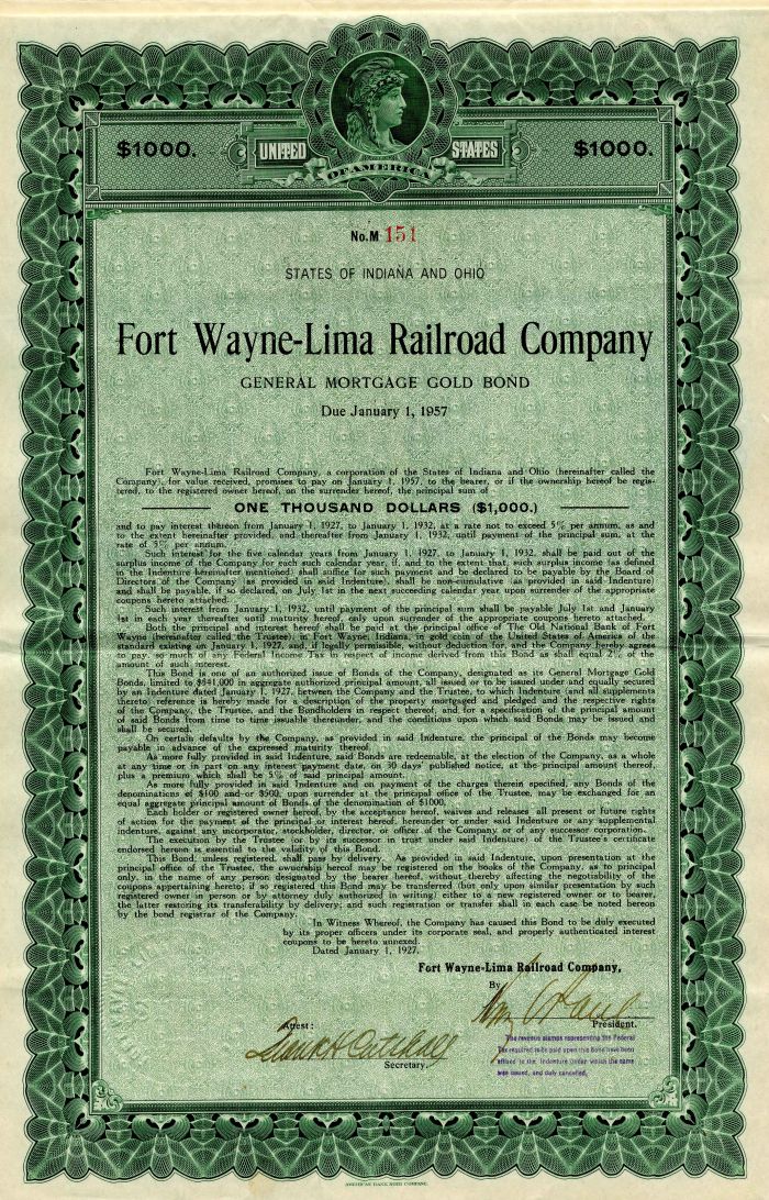 Fort Wayne-Lima Railroad Company - $1,000 or $500 Bond