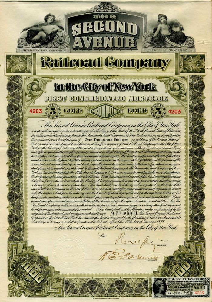 Second Avenue Railroad Co. - $1,000 Bond