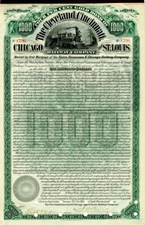 Louis & Chicago Railway Bond Stock Certificate 1880 Cincinnati Indianapolis St 