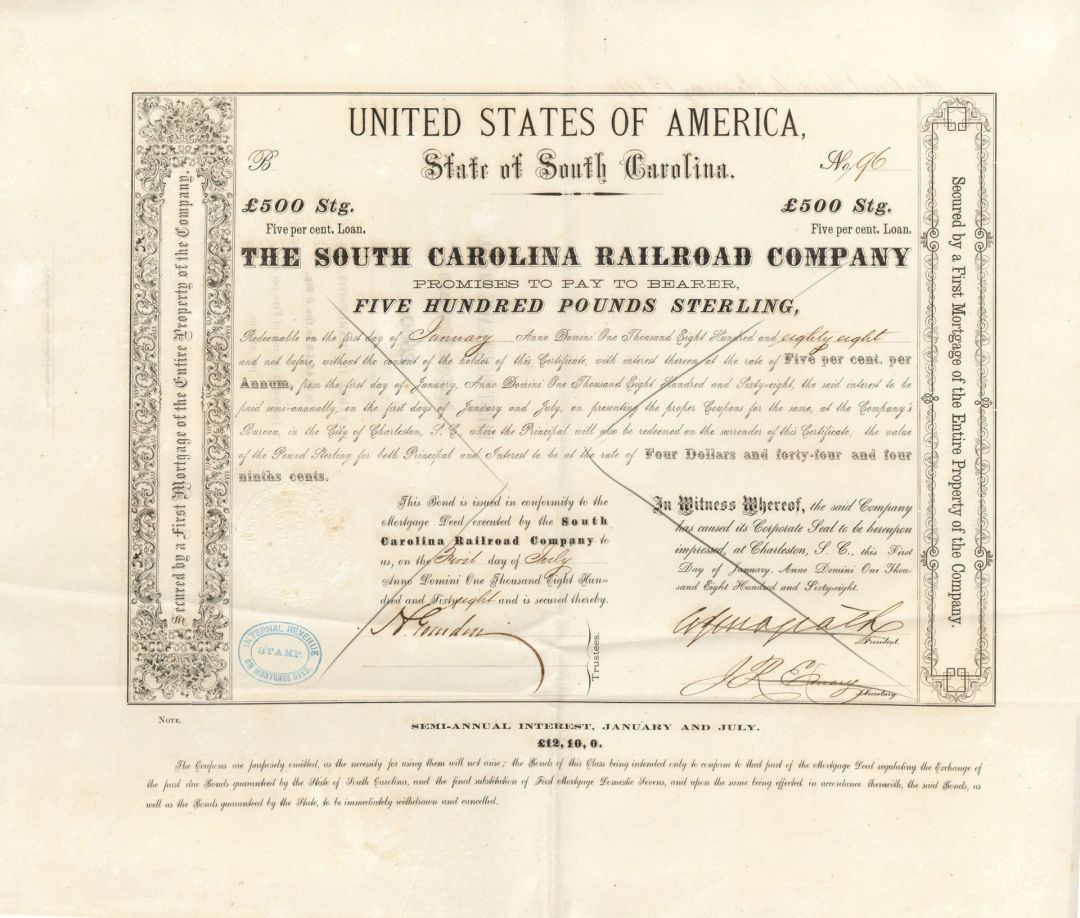 South Carolina Railroad Co. - 1868 dated Various Denominations Railway Bond