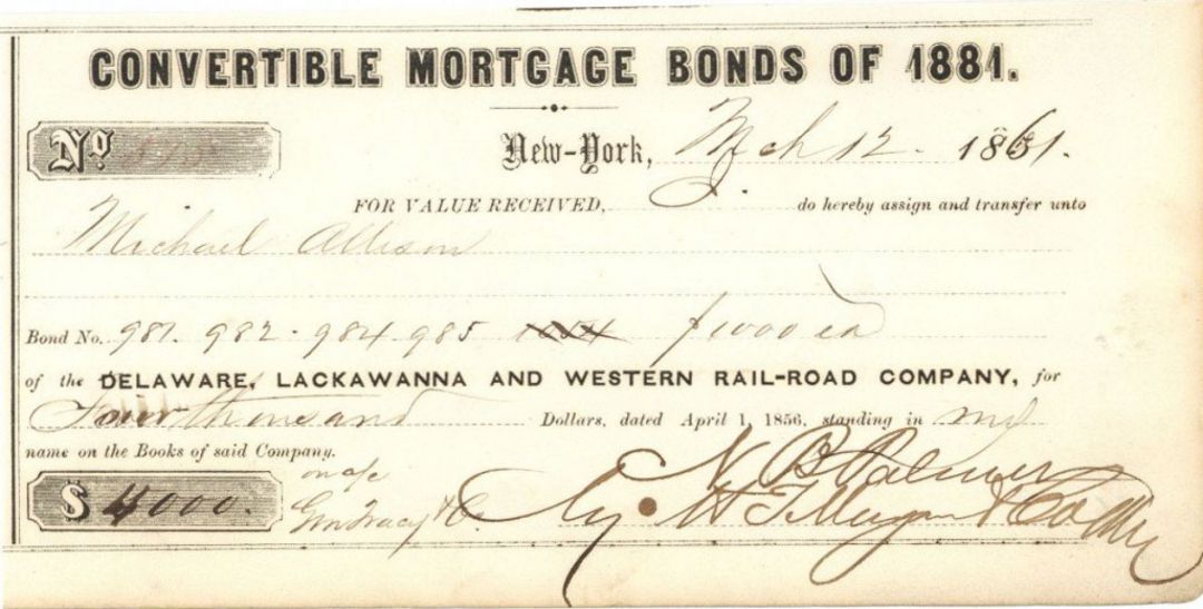 Delaware, Lackawanna and Western Rail-Road Co. - Various Denominations Bond Receipt