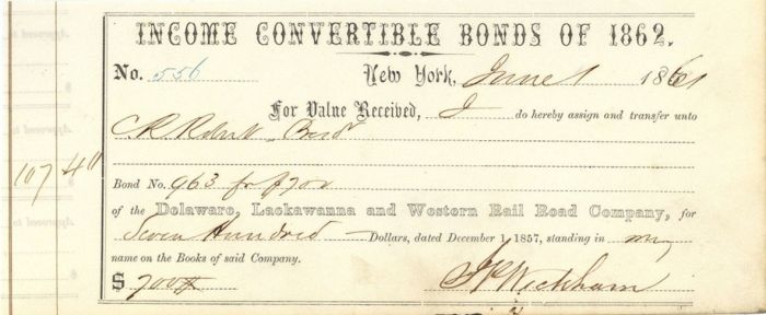 Delaware, Lackawanna and Western Rail Road Co. - Various Denominations Bond Receipt