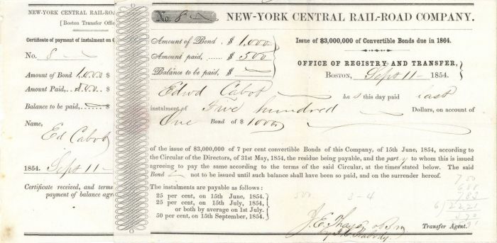 New-York Central Rail-Road Co. - $500 or $1,000 Bond