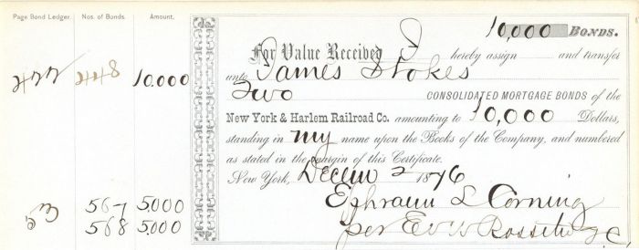 New York and Harlem Railroad Co. - Various Denominations Railway Bond Receipt