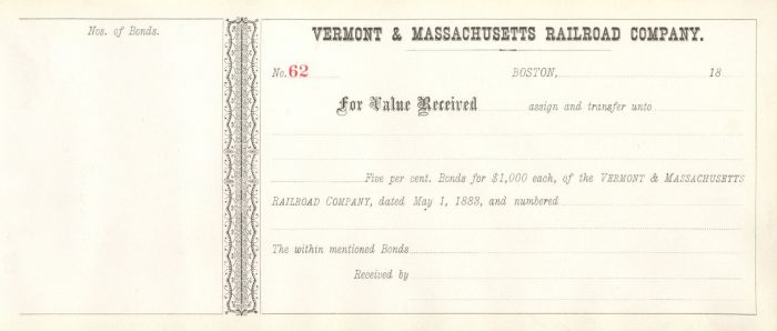 Vermont and Massachusetts Railroad Co. - $1,000 Bond Receipt