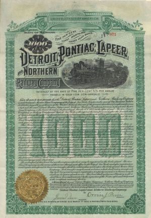 Detroit, Pontiac, Lapeer and Northern Railway Co. - $1,000 Bond