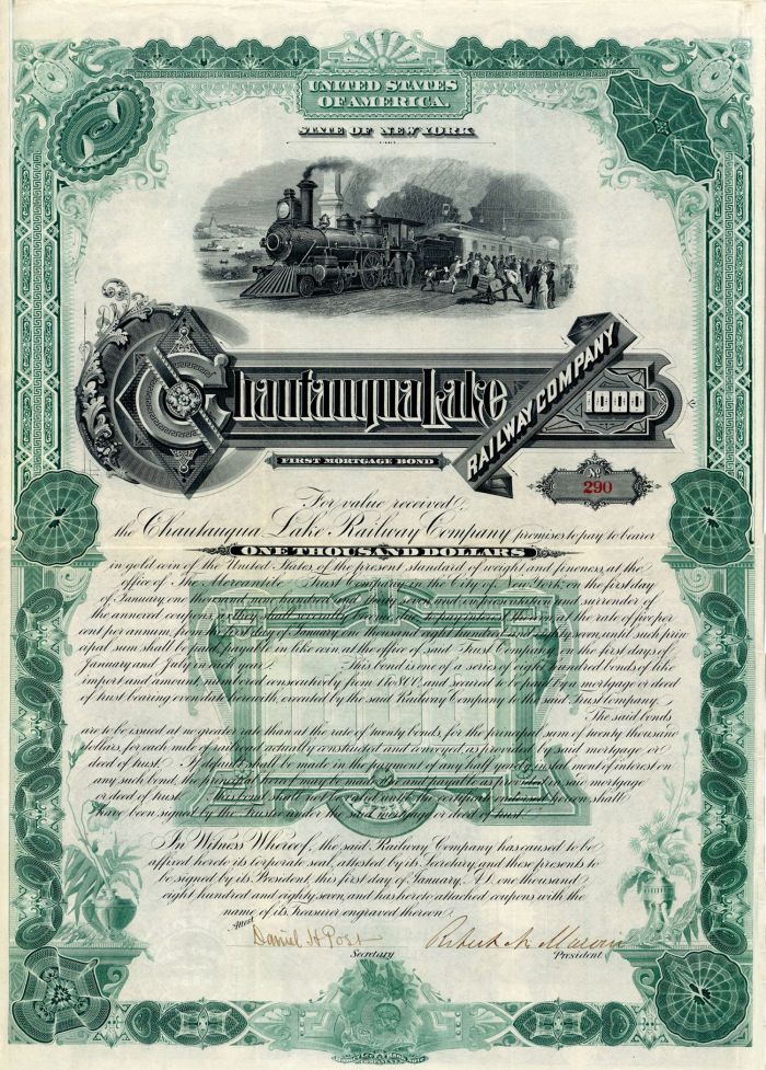 Chautauqua Lake Railway Co. - Gorgeous - 1887 dated $1,000 Railroad Bond