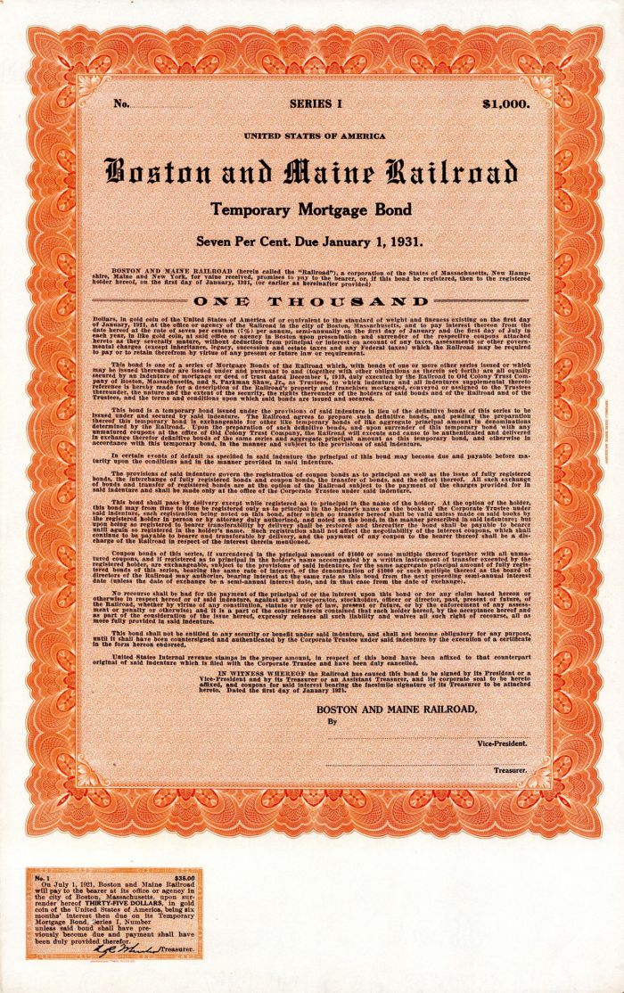 Boston and Maine Railroad - $1,000 Bond