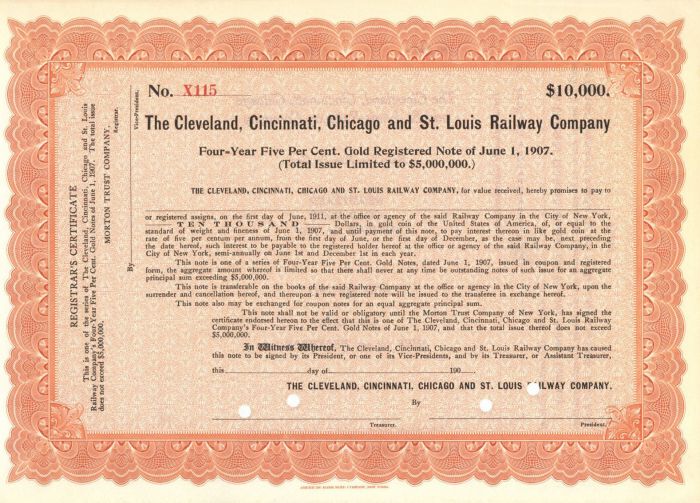 Cleveland, Cincinnati, Chicago and St. Louis Railway Co. - $10,000 Bond