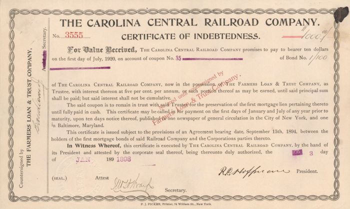 Carolina Central Railroad Co. - $1,000 Railway Certificate of Indebtedness - Bond