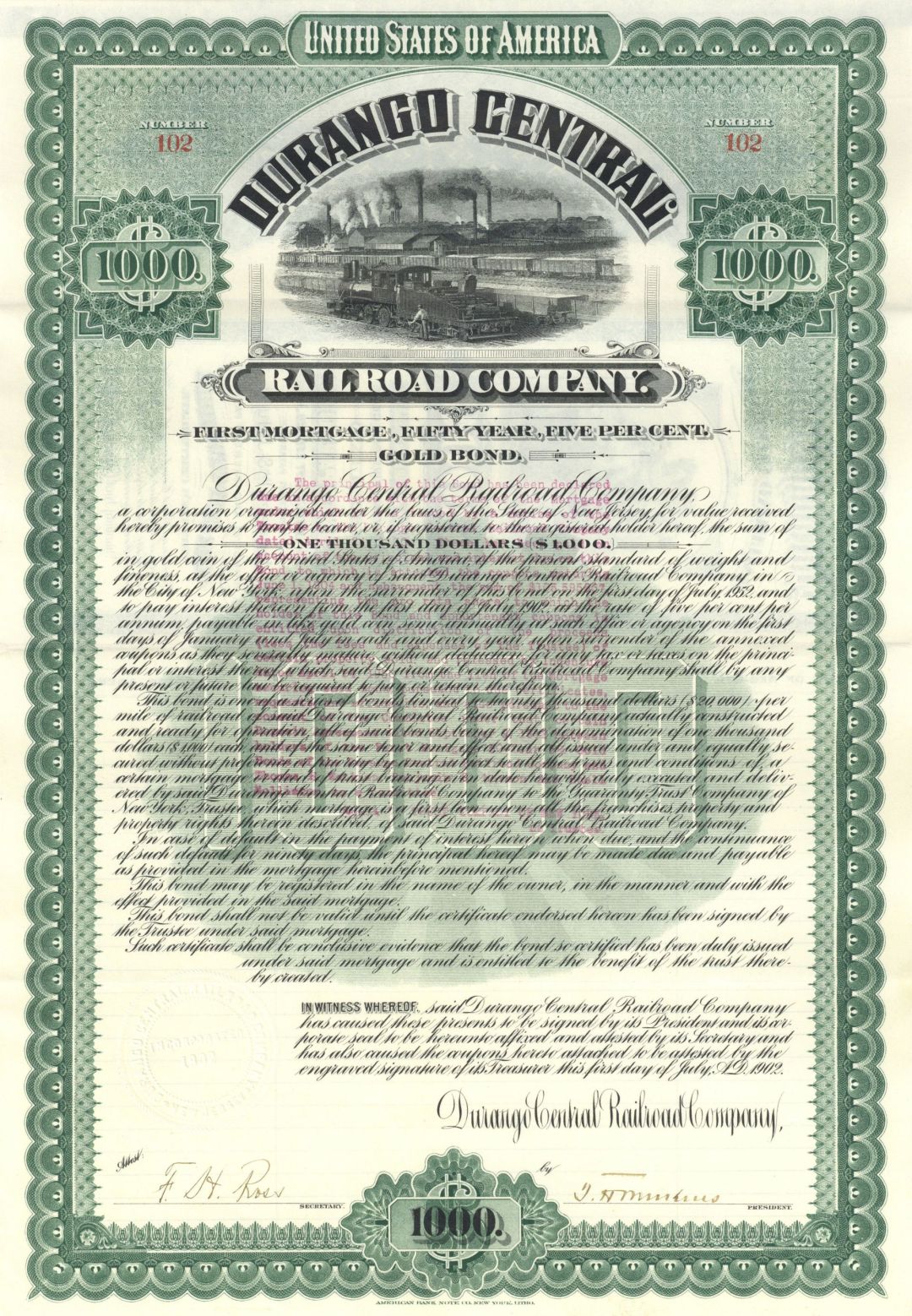 Durango Central Railroad Co. - dated 1902 $1,000 50 Year 5% Mexico Uncanceled Gold Bond with almost 2 Full Pages of Coupons