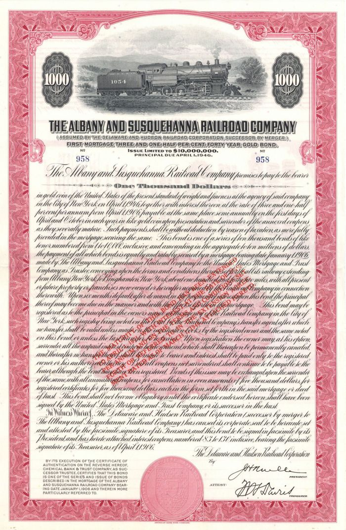 Albany and Susquehanna Railroad Co. - $1,000 Bond