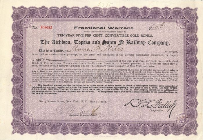 Atchison, Topeka and Santa Fe Railway Co. - Fractional Warrant for Convertible Gold Bonds