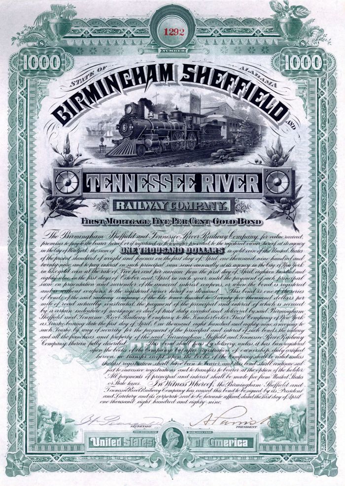 Birmingham Sheffield and Tennessee River Railway Co. - $1,000 Bond