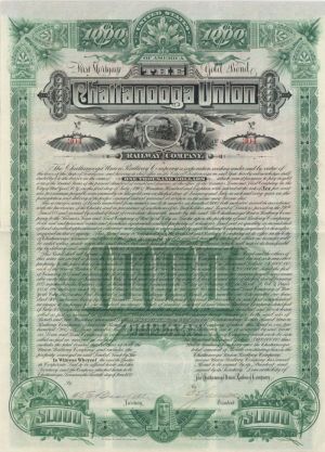 Chattanooga Union Railway Co. - $1,000 Uncanceled Railroad 6% Gold Bond - Tennessee
