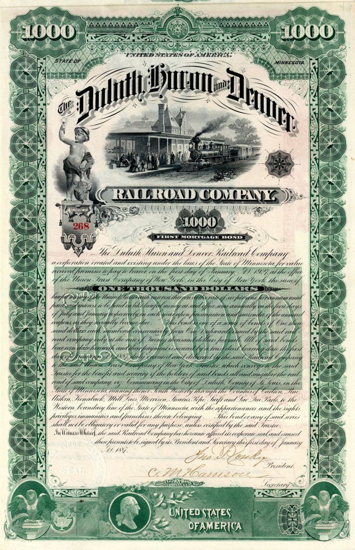 Duluth, Huron and Denver Railroad Co. - $1,000 Bond