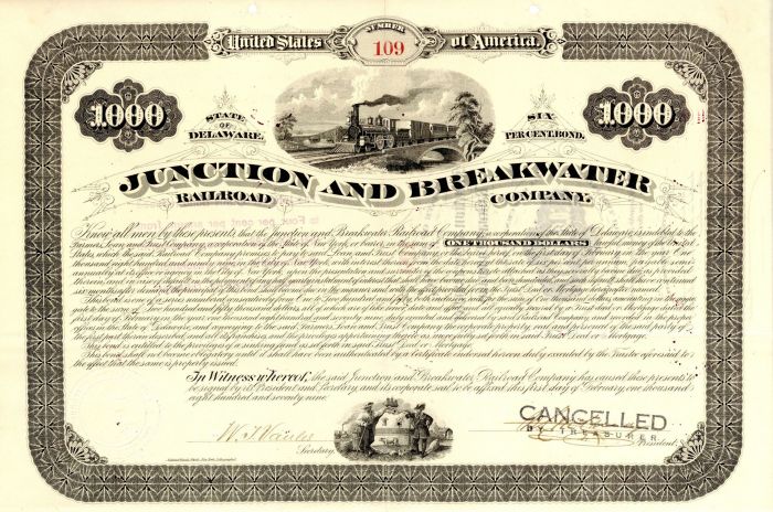 Junction and Breakwater Railroad Co. - $1,000 Bond