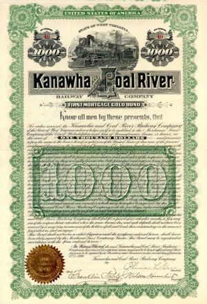 Kanawha and Coal River Railway Company - $1,000 Bond