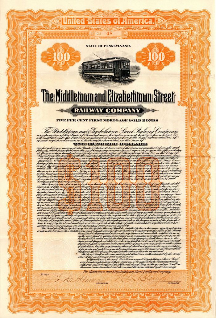 Middletown and Elizabethtown Street Railway Co. - $100 Railroad Gold Bond