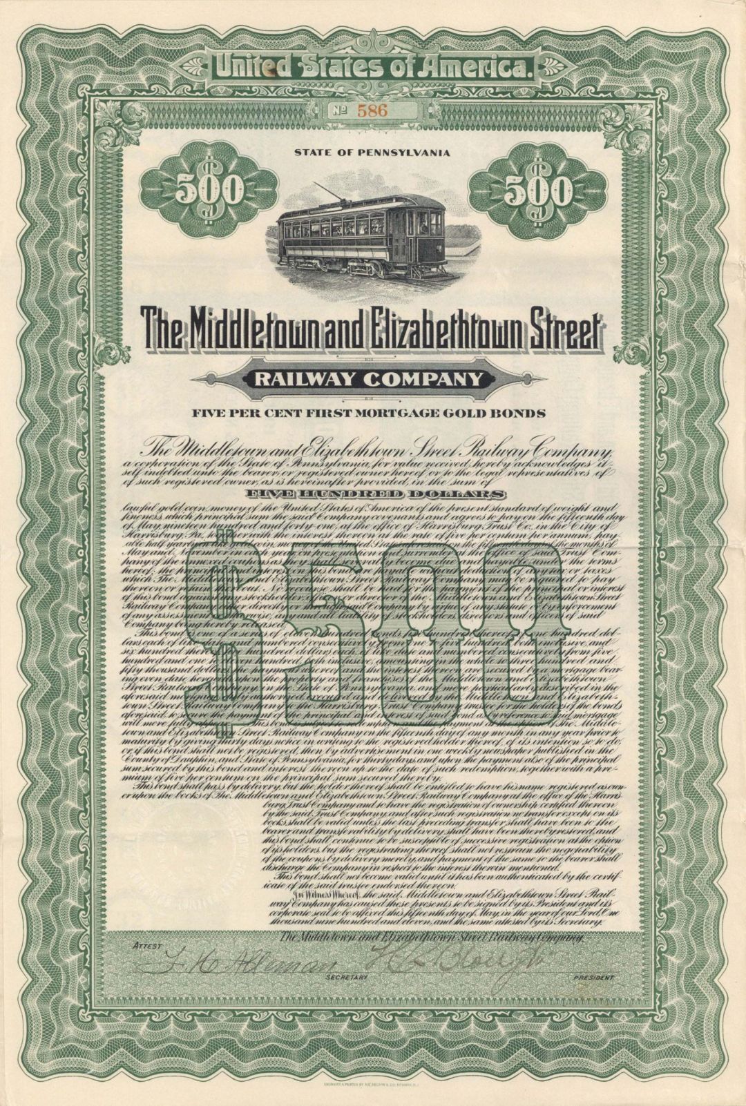 Middletown and Elizabethtown Street Railway Co. - $500 Railroad Gold Bond