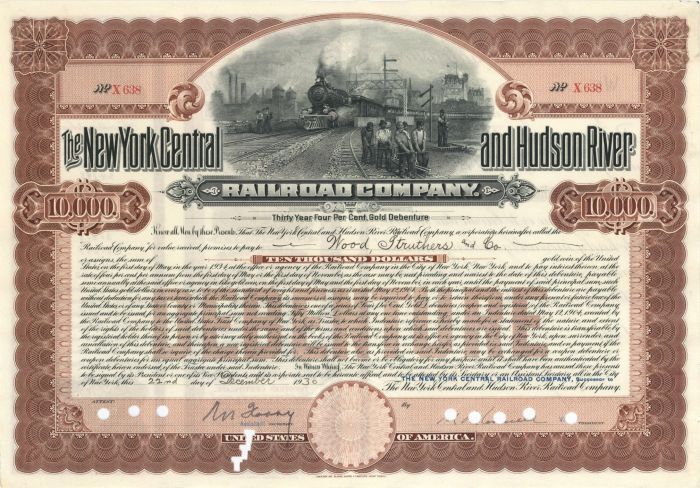 New York Central and Hudson River Railroad Co. - $1,000  or $10,000 Bond