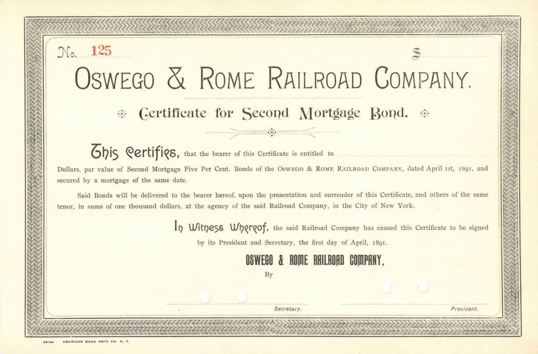 Oswego and Rome Railroad Co. - Unissued Bond