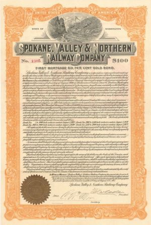 Spokane, Valley and Northern Railway Company - $100 Bond