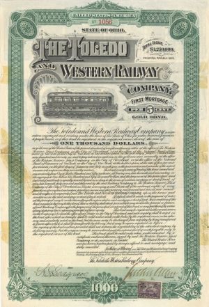 Toledo and Western Railway Company - $1,000 Bond
