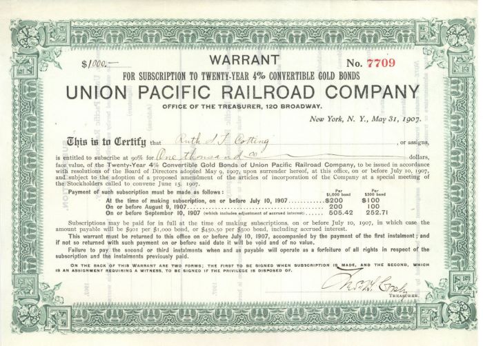 Union Pacific Railroad Co. - $1,000 Bond