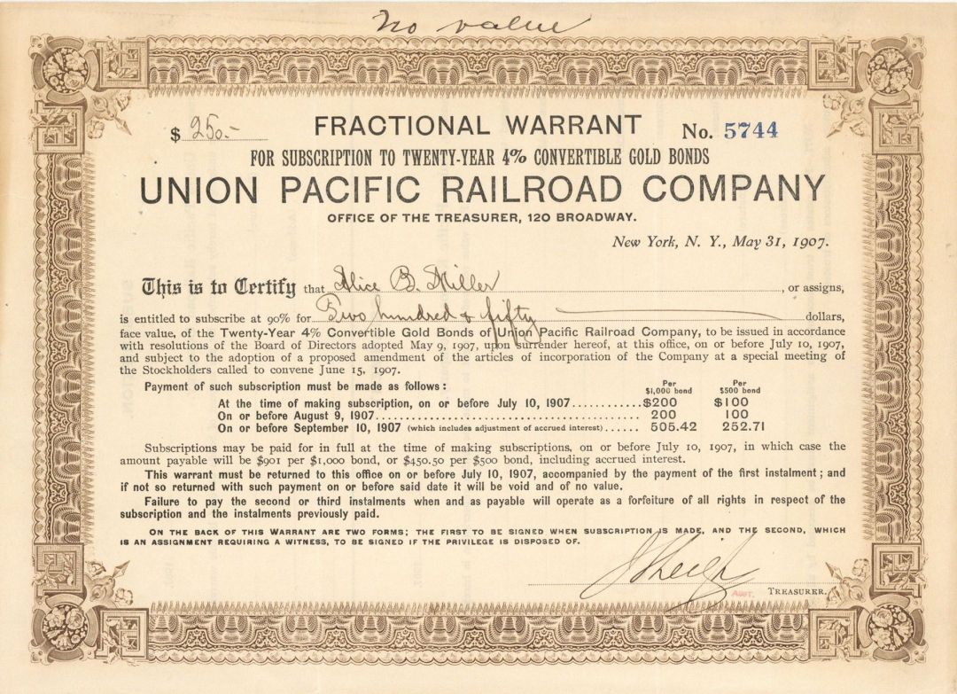Union Pacific Railroad Co. - 1907 dated $250 Railway Gold Fractional Warrant for Convertible Bond