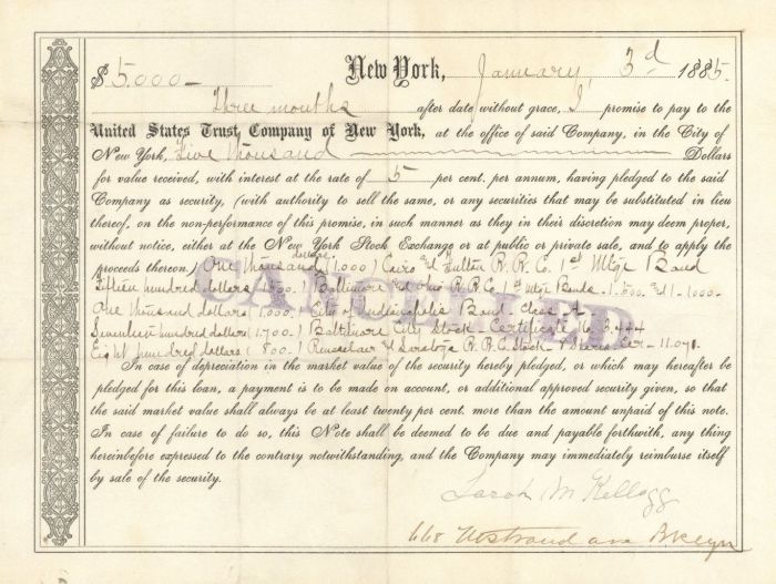 United States Trust Co. of New York - $5,000 Bond - Very Historic