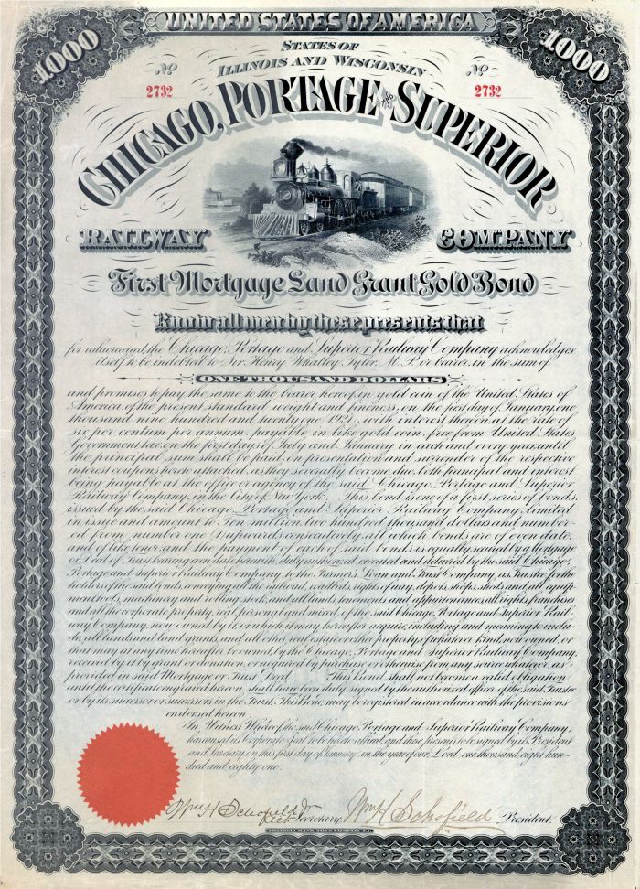 Chicago, Portage and Superior Railway Co. - 1881 dated $1,000 Railroad Gold Bond