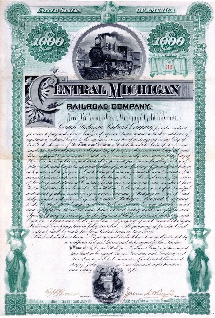 Central Michigan Railroad Company - $1,000 Bond
