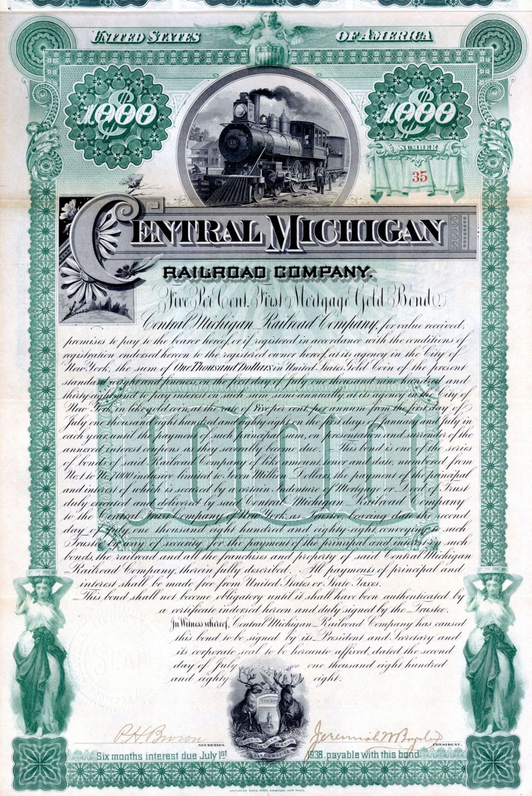 Central Michigan Railroad Co. - $1,000 1888 dated Bond