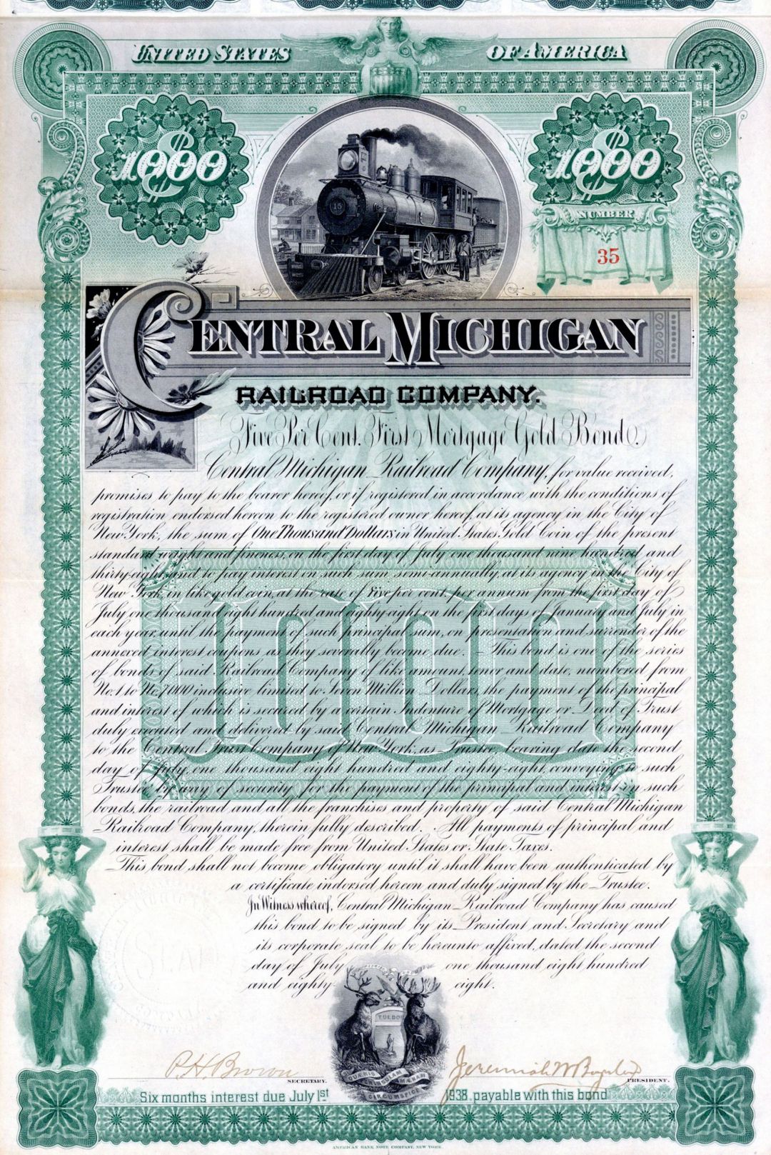 Central Michigan Railroad Co. - $1,000 Bond