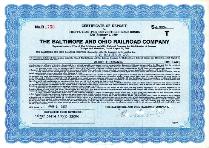 The Baltimore and Ohio Railroad Co. - $4,000 Certificate of Deposit for Gold Bonds