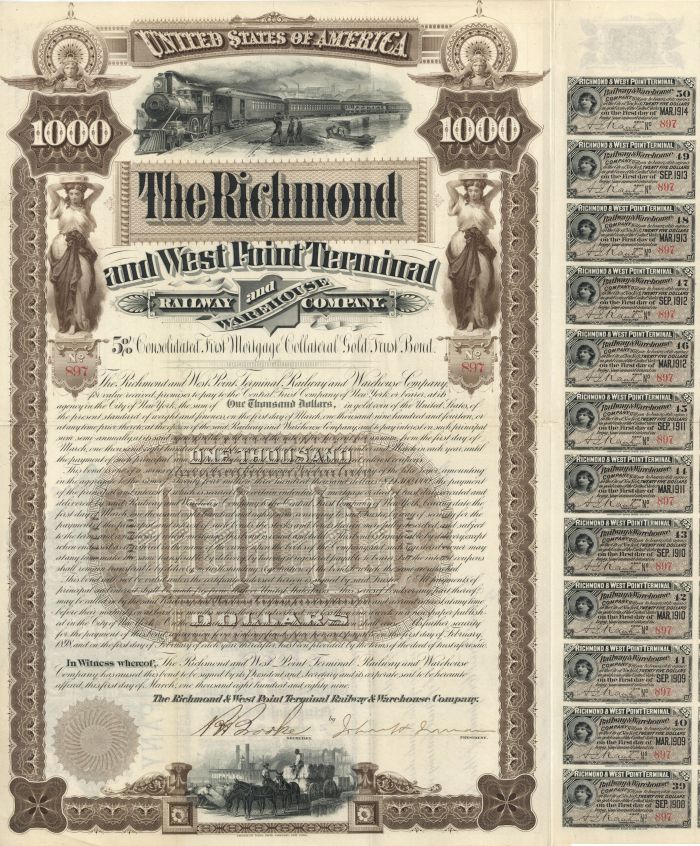 Richmond and West Point Terminal Railway and Warehouse Co. - 1889 dated $1,000 Railroad Gold Bond