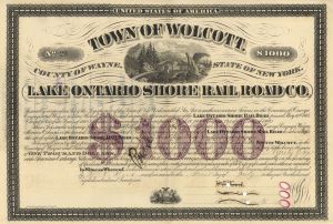 Lake Ontario Shore Rail Road Co. - $1,000 Railway Bond - Town of Wolcott - Numerous Coupons Still Attached