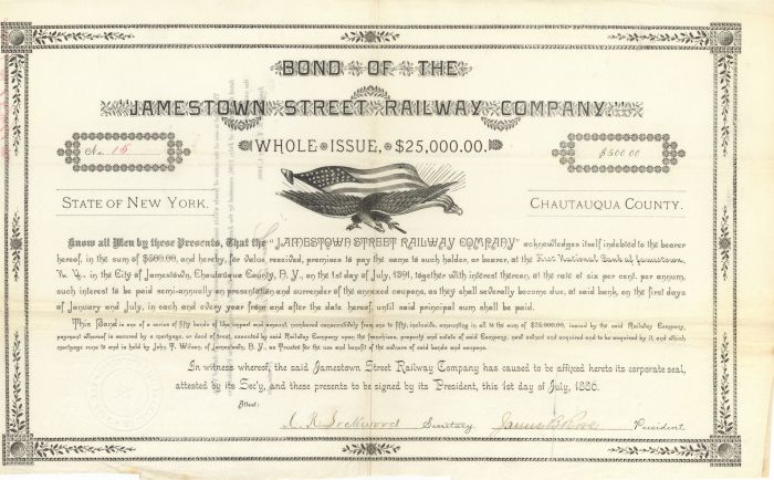 Jamestown Street Railway Co.  -  Various Denominations Bond