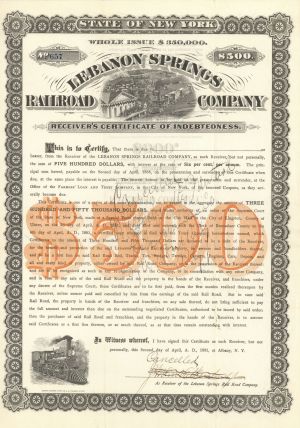 Lebanon Springs Railroad Co. - 1881 dated New York Railway $500 Bond